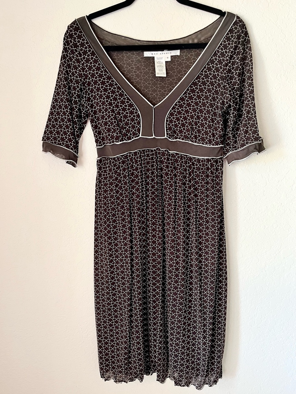 Max Studio Retro Micro Flower Boho Midi Lined Lettuce Hem Dress Office Drapey